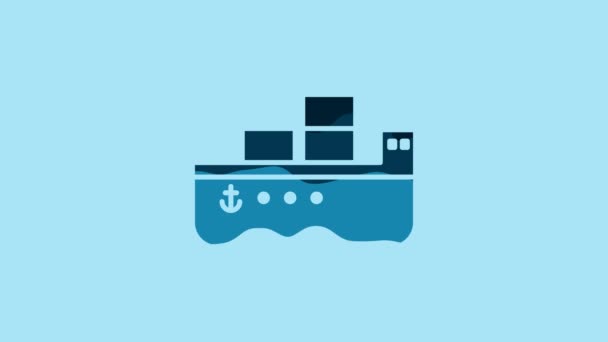 青色の背景に隔離されたブルーオイルタンカー船のアイコン 4Kビデオモーショングラフィックアニメーション — ストック動画