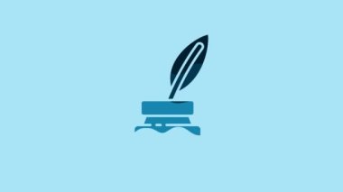 Blue Feather and inkwell icon isolated on blue background. 4K Video motion graphic animation.