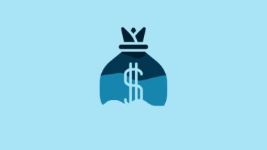 Blue Money bag icon isolated on blue background. Dollar or USD symbol. Cash Banking currency sign. 4K Video motion graphic animation.