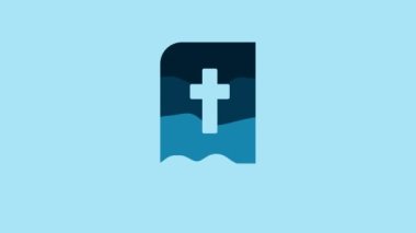 Blue Holy bible book icon isolated on blue background. 4K Video motion graphic animation.