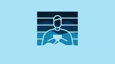 Blue Suspect criminal icon isolated on blue background. The criminal in prison, suspected near the board. 4K Video motion graphic animation.