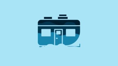 Blue Rv Camping trailer icon isolated on blue background. Travel mobile home, caravan, home camper for travel. 4K Video motion graphic animation.