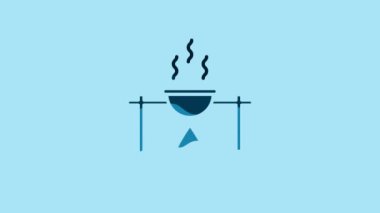 Blue Campfire and pot icon isolated on blue background. Fire camping cooking in cauldron on firewood and flame. 4K Video motion graphic animation.
