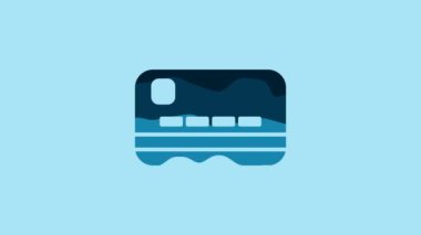 Blue Credit card icon isolated on blue background. Online payment. Cash withdrawal. Financial operations. Shopping sign. 4K Video motion graphic animation.