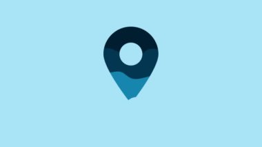 Blue Map pin icon isolated on blue background. Navigation, pointer, location, map, gps, direction, place, compass, search concept. 4K Video motion graphic animation.