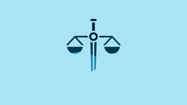 青の背景に分離された正義のアイコンの青のスケール 裁判所のシンボル バランス スケール サイン 4Kビデオモーショングラフィックアニメーション — ストック動画