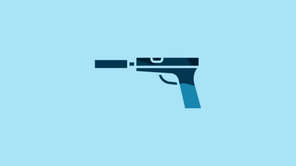 Blue Pistol Gun Silencer Icon Isolated Blue Background Video Motion — стоковое видео