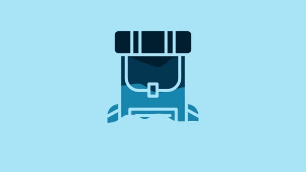 Блакитна Пішохідна Значка Рюкзака Ізольована Синьому Фоні Кемпінг Гора Досліджують — стокове відео