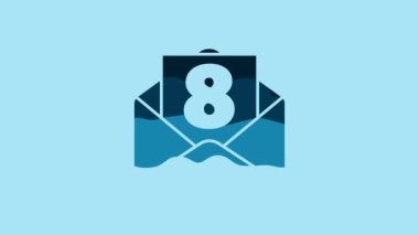 Blue Envelope with 8 March icon isolated on blue background. Message love. Letter love and romance. International Happy Women Day. 4K Video motion graphic animation.