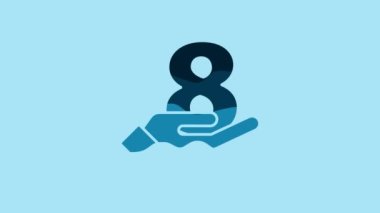 Blue 8 March on hand icon isolated on blue background. International Happy Women Day. 4K Video motion graphic animation.