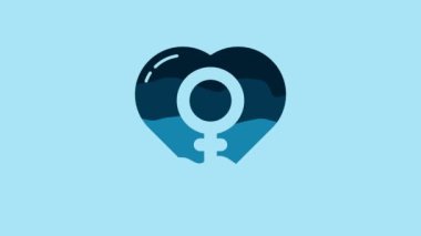Blue Female gender in heart icon isolated on blue background. Venus symbol. The symbol for a female organism or woman. 4K Video motion graphic animation.