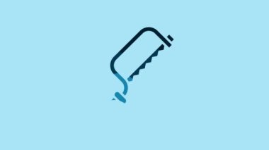 Blue Hacksaw icon isolated on blue background. Metal saw for wood and metal. 4K Video motion graphic animation.