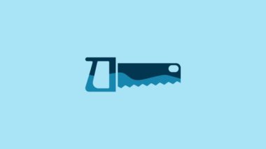Blue Hand saw icon isolated on blue background. 4K Video motion graphic animation.