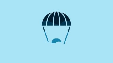 Blue Space capsule returning to earth via parachute icon isolated on blue background. 4K Video motion graphic animation.
