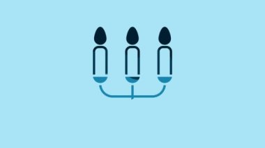 Blue Candelabrum with three candlesticks icon isolated on blue background. 4K Video motion graphic animation.