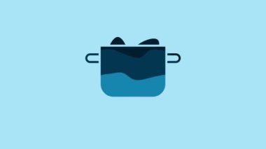 Blue Egg in hot pot icon isolated on blue background. Boiled egg. Happy Easter. 4K Video motion graphic animation.
