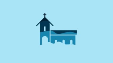 Blue Church building icon isolated on blue background. Christian Church. Religion of church. 4K Video motion graphic animation.
