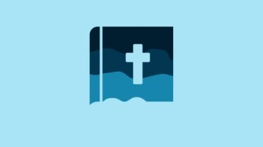 Blue Holy bible book icon isolated on blue background. 4K Video motion graphic animation.
