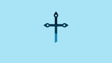 Blue Christian cross icon isolated on blue background. Church cross. 4K Video motion graphic animation.