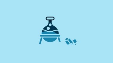 Blue Witch cauldron and magic stone icon isolated on blue background. 4K Video motion graphic animation.