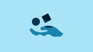 Blue Cube levitating above hand icon isolated on blue background. Levitation symbol. 4K Video motion graphic animation.