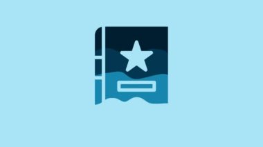 Blue Ancient magic book with alchemy recipes and mystic spells and enchantments icon isolated on blue background. 4K Video motion graphic animation.