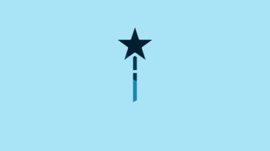 Blue Magic wand icon isolated on blue background. Star shape magic accessory. Magical power. 4K Video motion graphic animation.
