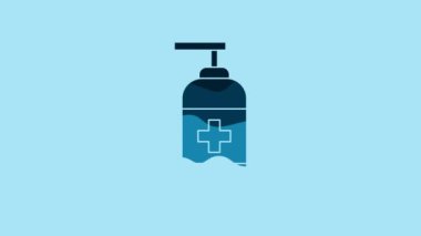 Blue Bottle of liquid antibacterial soap with dispenser icon isolated on blue background. Antiseptic. Disinfection, hygiene, skin care. 4K Video motion graphic animation.