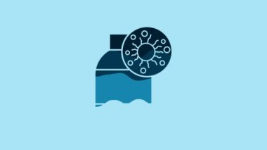 Blue Bottle with virus and bacteria icon isolated on blue background. Analysis microorganism, research, diagnosis. 4K Video motion graphic animation.