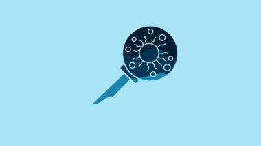 Blue Virus under magnifying glass icon isolated on blue background. Corona virus 2019-nCoV. Bacteria and germs, microbe, fungi. 4K Video motion graphic animation.