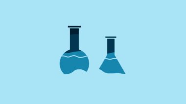 Blue Test tube and flask icon isolated on blue background. Chemical laboratory test. Laboratory glassware. 4K Video motion graphic animation.