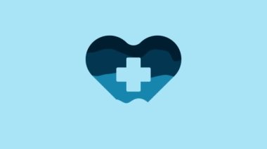 Blue Heart with a cross icon isolated on blue background. First aid. Healthcare, medical and pharmacy sign. 4K Video motion graphic animation.