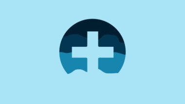 Blue Cross hospital medical icon isolated on blue background. First aid. Diagnostics symbol. Medicine and pharmacy sign. 4K Video motion graphic animation.