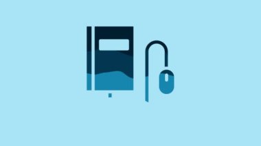 Blue Electronic book with mouse icon isolated on blue background. Online education concept. E-book badge icon. 4K Video motion graphic animation.