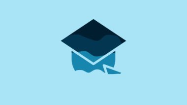 Blue Graduation cap on globe icon isolated on blue background. World education symbol. Online learning or e-learning concept. 4K Video motion graphic animation.