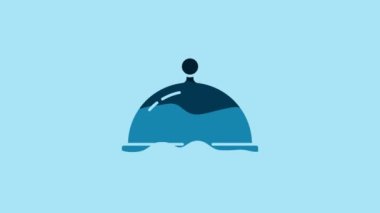 Blue Covered with a tray of food icon isolated on blue background. Tray and lid. Restaurant cloche with lid. Kitchenware symbol. 4K Video motion graphic animation.