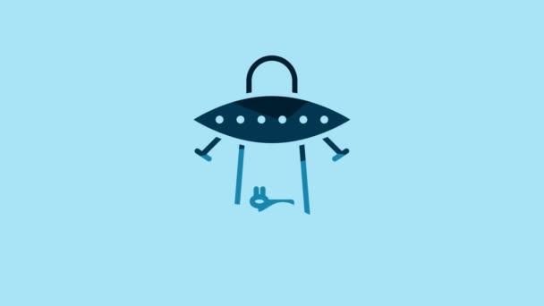 Blue Ufo Abducts Cow Icon Isolated Blue Background Flying Saucer — Video Stock