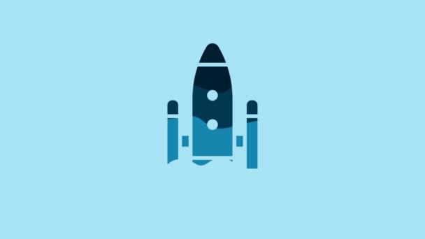 青の背景に隔離された青のスペースシャトルとロケットアイコン 4Kビデオモーショングラフィックアニメーション — ストック動画