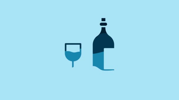 Blue Wine Bottle Wine Glass Icon Isolated Blue Background Happy — Wideo stockowe