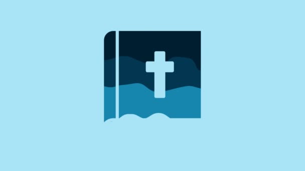 青い背景に隔離された青い聖書の本のアイコン 4Kビデオモーショングラフィックアニメーション — ストック動画