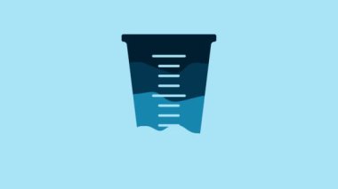Blue Measuring cup to measure dry and liquid food icon isolated on blue background. Plastic graduated beaker with handle. 4K Video motion graphic animation.