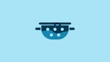 Blue Kitchen colander icon isolated on blue background. Cooking utensil. Cutlery sign. 4K Video motion graphic animation.