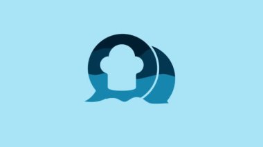 Blue Chef hat in speech bubble icon isolated on blue background. Cooking symbol. Cooks hat. 4K Video motion graphic animation.