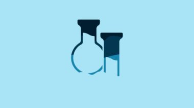 Blue Test tube and flask icon isolated on blue background. Chemical laboratory test. Laboratory glassware. 4K Video motion graphic animation.
