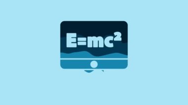Blue Math system of equation solution on computer monitor icon isolated on blue background. E equals mc squared equation on computer screen. 4K Video motion graphic animation.
