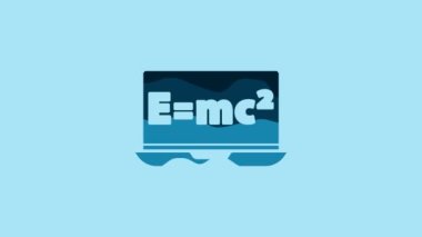 Blue Math system of equation solution on laptop icon isolated on blue background. E equals mc squared equation on computer screen. 4K Video motion graphic animation.