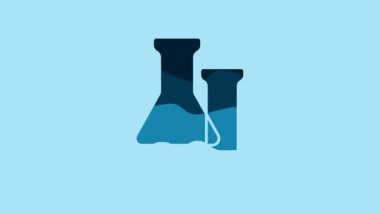 Blue Test tube and flask icon isolated on blue background. Chemical laboratory test. Laboratory glassware. 4K Video motion graphic animation.