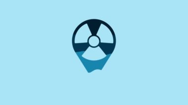 Blue Radioactive in location icon isolated on blue background. Radioactive toxic symbol. Radiation Hazard sign. 4K Video motion graphic animation.