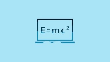 Blue Math system of equation solution on chalkboard icon isolated on blue background. E equals mc squared equation on computer screen. 4K Video motion graphic animation.