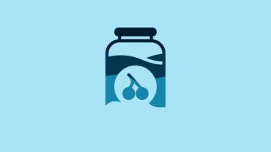 Blue Cherry jam jar icon isolated on blue background. 4K Video motion graphic animation.